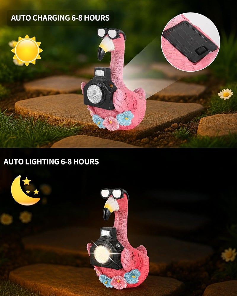 GoGnome Solar Flamingo Garden Statue with Camera Light – 5.5in Tall Solar Powered Outdoor Figurine for Yard, Patio, Balcony – Funny Garden Decor, Gift for Women (Flamingo) - Image 2